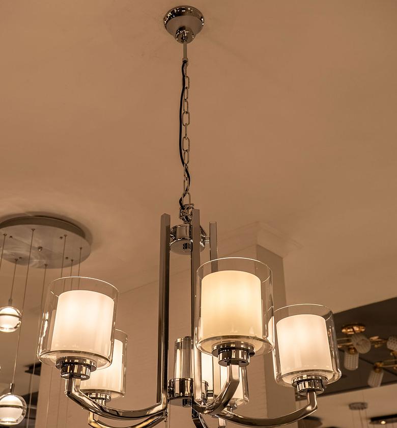 5 ARM STAINLESS  STEEL CHROME  CHANDELIER WITH  MILKY GLASS image