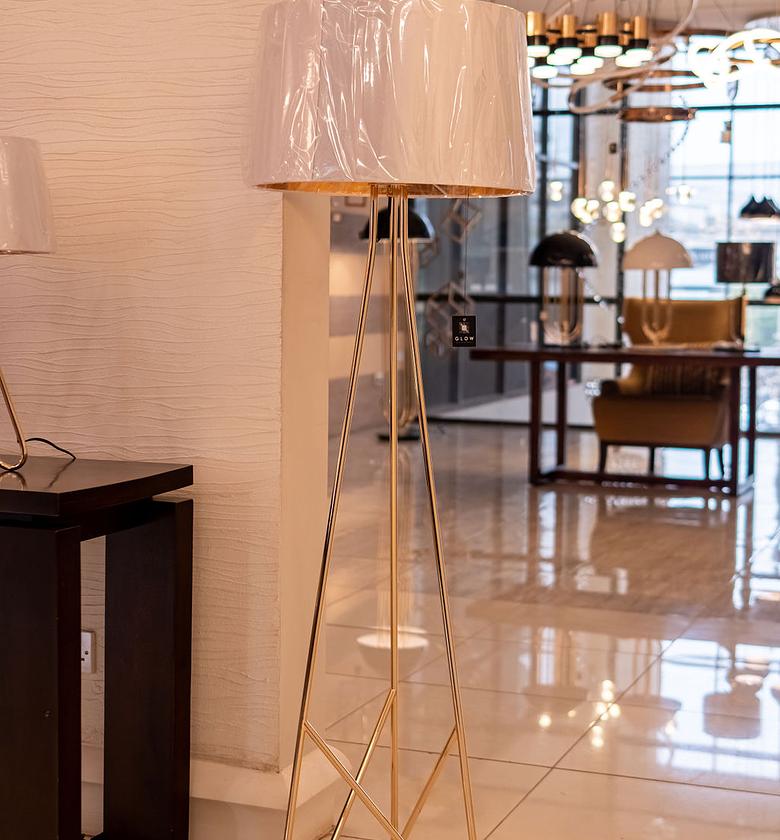 METAL BASE WITH WHITE SHADE AND GOLD BASE FLOOR LAMP image