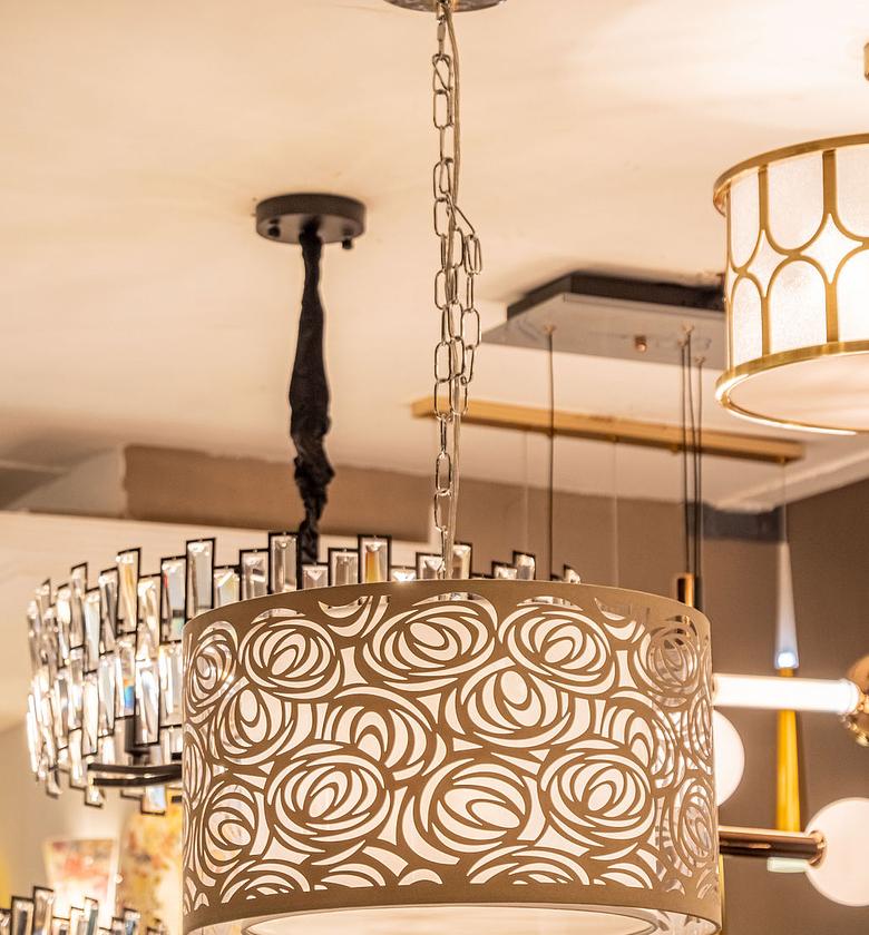 PENDANT LAMP WITH BEIGE FABRIC WITH METAL AND CHROME FINISH image
